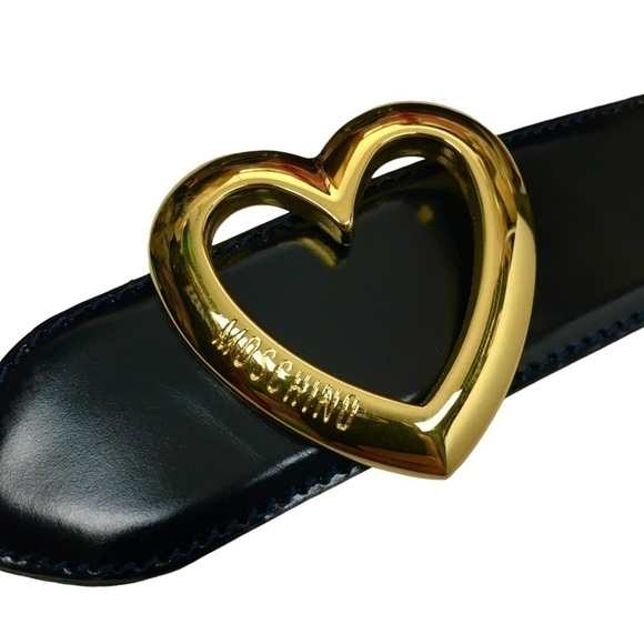 MOSCHINO Vintage Heart Buckle Belt All Genuine Leather Navy Gold Size 40 *FLAW* main image 8